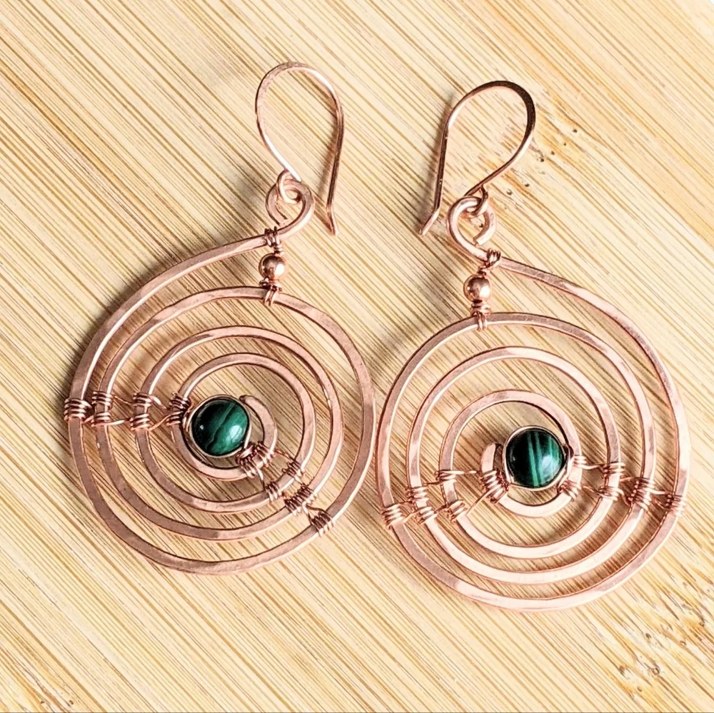 Industrial Urban Copper Spiral Earrings Natural Malachite Gems Earthy Bold - Picture 10 of 12